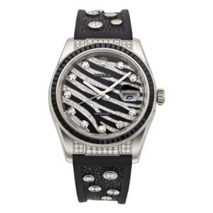 Rolex Datejust 116199 Sanr Royal Black 60 Baguette Black Sapphires Bezel Black & Diamond Paved Dial 36Mm White Gold Galuchat Straps Ladies Watch