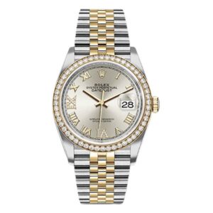 Rolex Oyster Perpetual Datejust 126283Rbr Sdr69J Yellow Diamond Bezel Silver Roman Dial 36Mm Unisex Two Tone Unisex  Watch