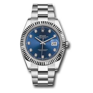 Rolex Datejust 41mm 126334-0015 White Gold Bezel Blue Diamond Dial Fluted Bezel Steel Oyster Bracelet Watch