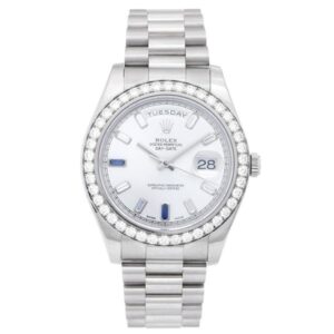 Rolex Oyster Perpetual Day-Date Ii 41Mm Silver Diamond Sapphire Baguette Men’S Watch