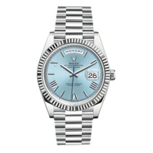 Rolex Day-Date 228236 Ibrp Platinum Fluted Bezel 40Mm Ice Blue Roman Dial President Bracelet Men’S Watch