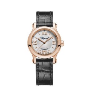 Chopard Happy Sport Round Watch 30Mm Rose Gold Case Silver Dial Black Strap Ref. 274893-5011