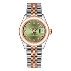 Rolex Datejust Everose Gold Rolesor And Stainless Steel 28Mm Domed Bezel With Olive Green Diamond Dial In Jubilee Bracelet Ladies Watch