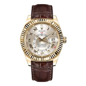 Rolex Sky Dweller 326138 S Silver Sunray Roman Dial 42Mm 18Kt Yellow Gold Brown Strap Men’S Watch
