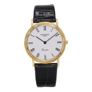 Patek Philippe Calatrava 3744J White Roman Dial 33Mm 18K Yellow Gold Black Leather Straps Ladies Watch