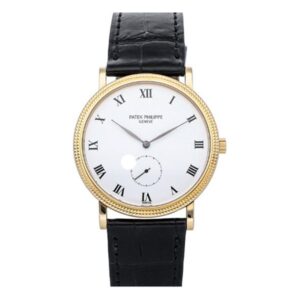 Patek Philippe Calatrava 3919 White Dial 33Mm 18K Yellow Gold Black Leather Strap Ladies Watch