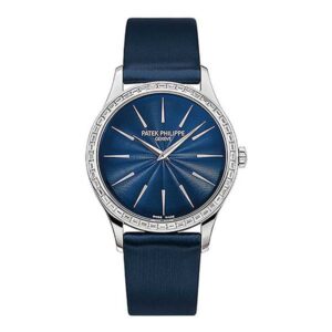 Patek Philippe Calatrava 4897/300G-001 Joaillerie Guilloched Night Blue Dial Baguette Cut Bezel 33Mm 18K White Gold Midnight Blue Satin Strap