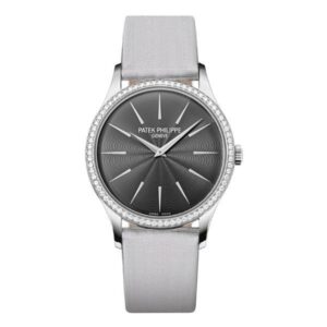 Patek Philippe Calatrava 4897G-010 Silvery Grey Dial Diamond-Set Bezel 33Mm 18K White Gold Silvery Grey Satin Straps Ladies Watch