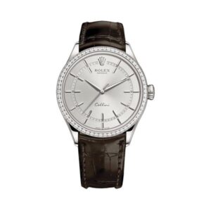 Rolex Cellini 50709Rbr 39Mm Rhodium Index Dial 18 White Gold Black Leather Strap Men’S Watch