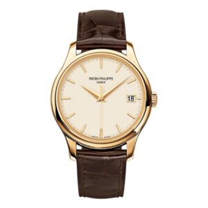 Patek Philippe Calatrava 5227J-001 Ivory Index Automatic 39Mm 18 Karat Yellow Gold Brown Leather Straps Men’S Watch