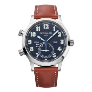 Patek Philippe Complications Calatrava 5524G-001 Pilot Travel Time White Gold Vintage Brown Leather Straps Blue Dial