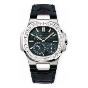 Patek Philippe Nautilus 5722G-001 Black-Blue Index Dial Baguette Diamond Bezel 40Mm 18K White Gold Navy Blue Leather Straps Men’S Watch