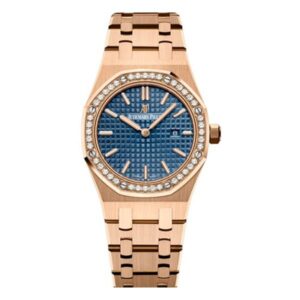 Audemars Piguet Royal Oak 67651Or.Zz.1261Or.02 Quartz 18K Rose Gold Blue Index Diamond Bezel 33Mm Ladies Watch