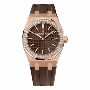 Audemars Piguet Royal Oak 67651Or.Zz.D080Ca.01 Brown Index Dial 33Mm Rose Gold Rubber Straps Ladies Watch