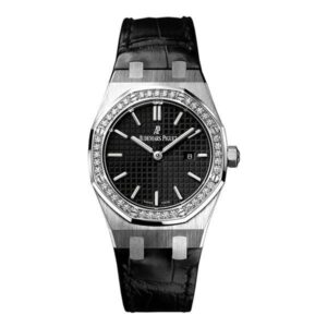 Audemars Piguet Royal Oak 67651St.Zz.D002Cr.01 Black Index Dial 33Mm Stainless Steel Black Leather Straps Ladies Watch