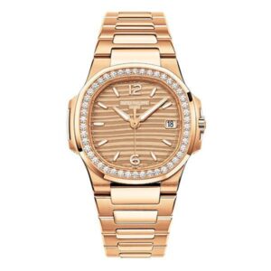 Patek Philippe Nautilus 7010/1R-012 Golden Dial Diamond-Set Bezel 32Mm 18K Rose Gold Ladies Watch