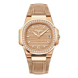 Patek Philippe Nautilus 7010R-012 Golden Index Dial Diamond-Set Bezel 32Mm 18K Rose Gold Beige Leather Straps