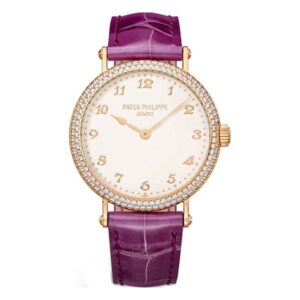 Patek Philippe Calatrava 7200/200R-001 Studded Silver Dial Diamond-Set Bezel 34.6Mm 18Kt Rose Gold Royal Purple Leather Straps Ladies Watch