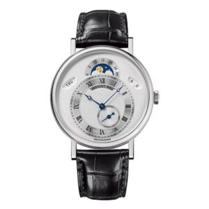 Breguet Classique Day-Date 7337Bb/1E/9V6 Silver Roman Dial Moonphase 39Mm 18K White Gold Black Leather Straps Men’S Watch