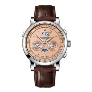 A Lange & Sohne Datograph 740.056 Pink Gold Dial Perpetual Tourbillon 41.50Mm 18K White Gold Brown Leather Straps Men’S Watch