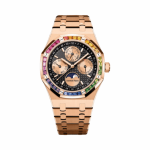 Audemars Piguet Royal Oak 26614OR.YY.1220OR.01 Perpetual Calendar Ltd Edition Rose Gold Black Dial Rainbow Bezel 41mm Men’s Watch