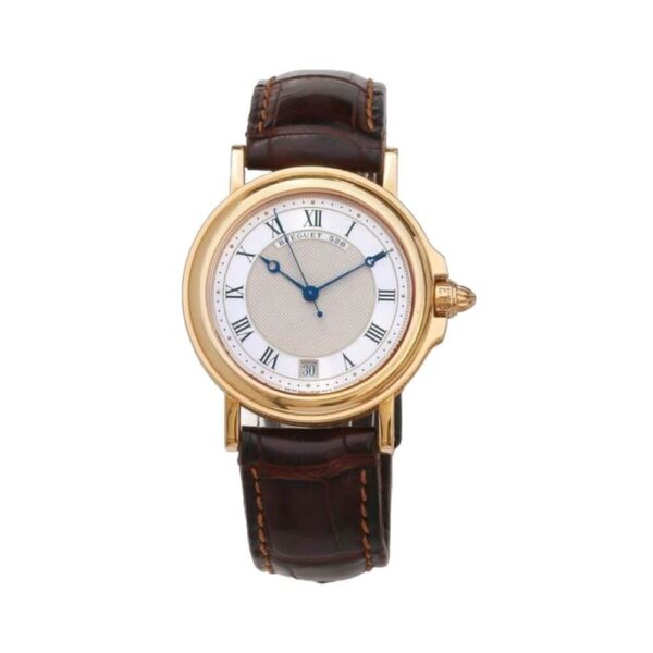 Breguet Marine 3400BA/12/996 Silver Roman Dial Automatic 35.5Mm 18K Yellow Gold Brown Leather Straps Unisex Watch