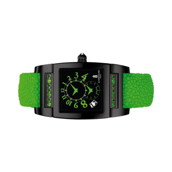 De Grisogono Instrument UNO DFN 28/A Dual Time Automatic Diamonds On Green Galuchat Strap Black Dial - Image 2