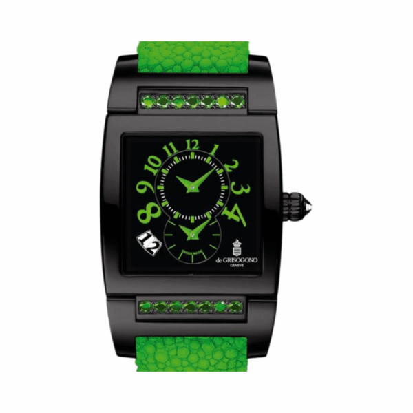 De Grisogono Instrument UNO DFN 28/A Dual Time Automatic Diamonds On Green Galuchat Strap Black Dial - Image 3