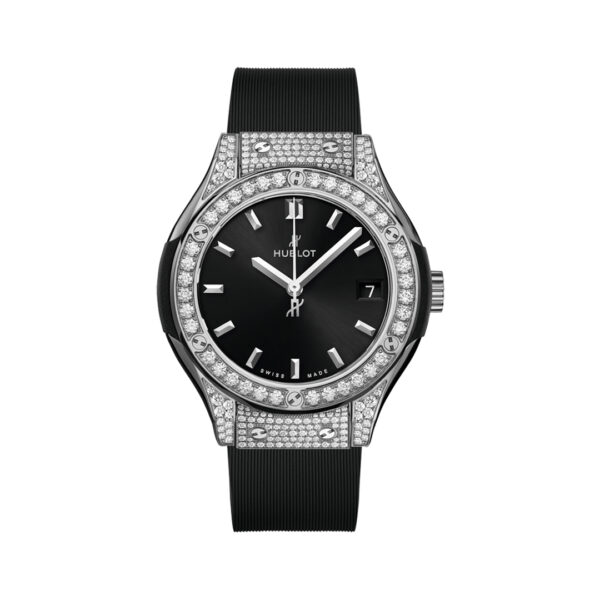 Hublot Classic Fusion 581.NX.1470.RX.1704 Titanium Pave Diamond Quartz Black 33mm Ladies Watch