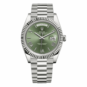Rolex Day-Date 228239 Ogrp Olive Green Beveled Roman Fluted Bezel Dial 40Mm 18Kt White Gold Jubilee Bracelet Men’S Watch