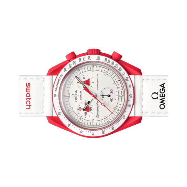 Omega X Swatch Mission To Mars So33R100 Moonswatch Red Bioceramic 42Mm White Straps Unisex Watch - Image 5