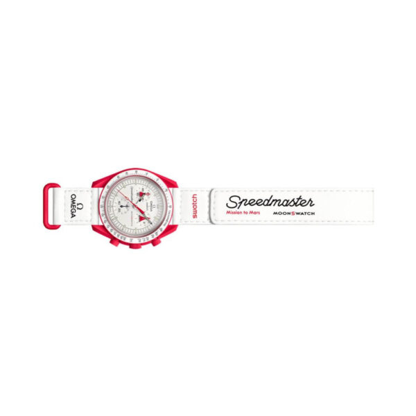 Omega X Swatch Mission To Mars So33R100 Moonswatch Red Bioceramic 42Mm White Straps Unisex Watch - Image 4