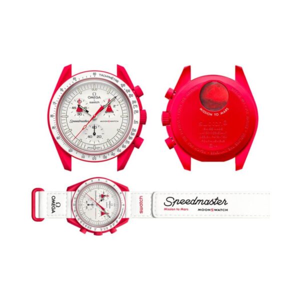 Omega X Swatch Mission To Mars So33R100 Moonswatch Red Bioceramic 42Mm White Straps Unisex Watch - Image 6