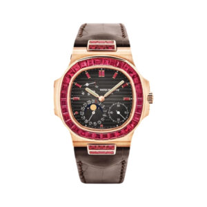 Patek Philippe Nautilus 5724/12R Moon-phases Rose Gold with Ruby Baguette Diamond Bezel 40.5mm Unisex Watch