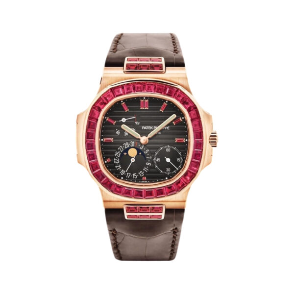 Patek Philippe Nautilus 5724/12R Moon-phases Rose Gold with Ruby Baguette Diamond Bezel 40.5mm Unisex Watch