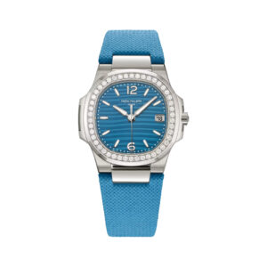 Patek Philippe Nautilus 7010/1G-013 White Gold Azure Blue Dial Diamond Bezel 32mm Ladies Watch