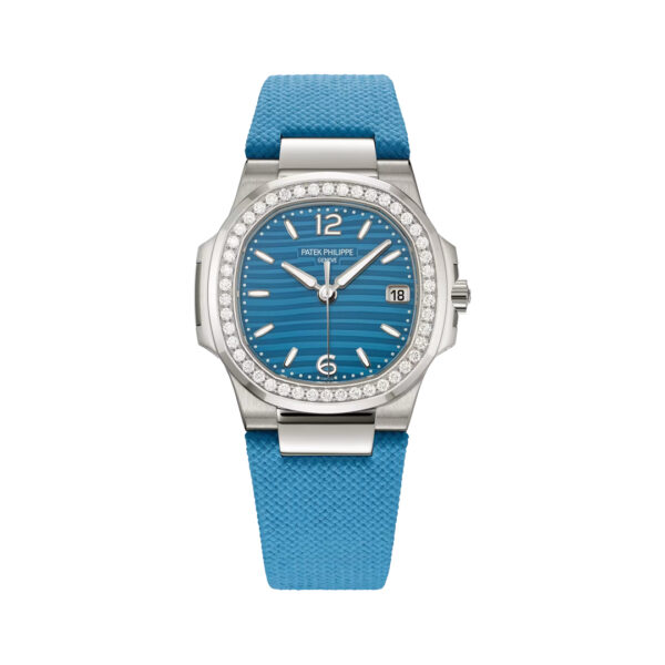 Patek Philippe Nautilus 7010/1G-013 White Gold Azure Blue Dial Diamond Bezel 32mm Ladies Watch