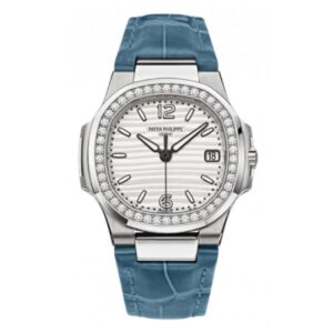 Patek Philippe Nautilus 7010G-011 Silvery-White Dial Diamond Set Bezel 32Mm White Gold Blue-Grey Leather Straps Ladies Watch