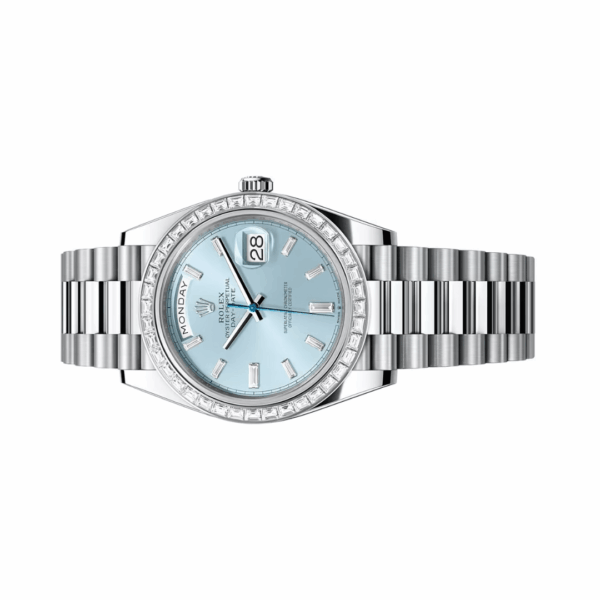 Rolex Day Date 228396TBR Automatic Platinum Baguette Bezel 40MM Ice Blue Dial Unisex Watch - Image 2