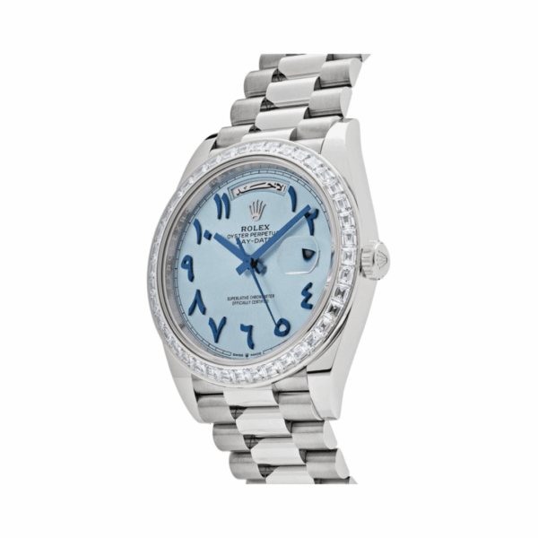 Rolex Day Date 22839TBR Automatic Diamond Bezel Arabic Numerals 40mm Ice Blue Dial Unisex Watch - Image 3