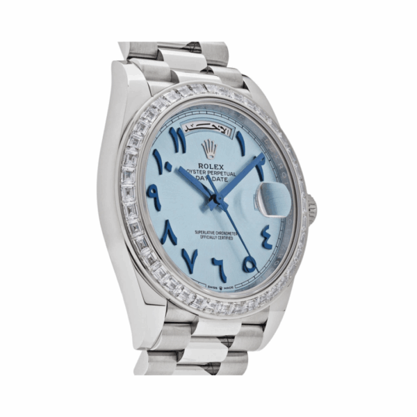 Rolex Day Date 22839TBR Automatic Diamond Bezel Arabic Numerals 40mm Ice Blue Dial Unisex Watch - Image 4