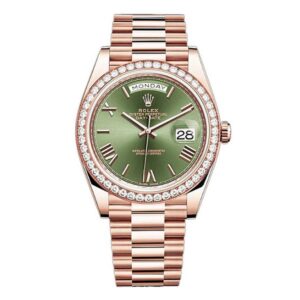 Rolex Day-Date 228345RBR OGRP 18K Everose Gold Diamond Bezel 40mm Olive Green Roman Dial Men’s Watch
