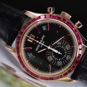 Patek Philippe Complications 5961/12R-010 Black Dial Ruby Bezel Annual Calendar Chronograph 40.5Mm 18K Rose Gold Black Leather Straps Men’S Watch